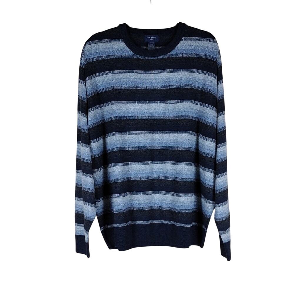 Vintage 90s Dockers Sweater Men’s XXL Navy Light Blue Striped Crewneck Knit